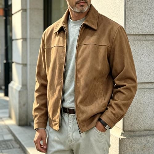 Mens Faux Suede Jacket Full Zip Jackets Turn Down Collar Coat — view 3