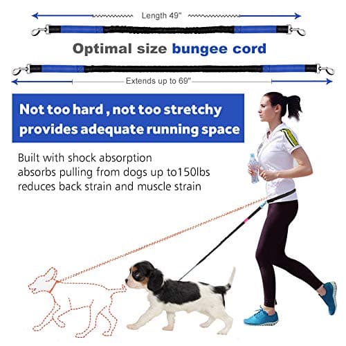 Hands Free Dog Leash for Running Walking Training Hiking, Dual-Handle Reflective Bungee, Poop Bag Dispenser Pouch, Adjustable Waist Belt, Shock Absorbing, Ideal for Medium to Large Dogs (Black Blue) — view 4