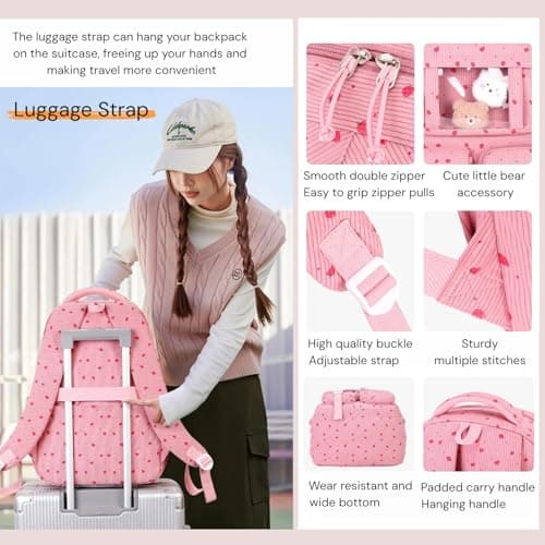 MITOWERMI Corduroy Backpack for Girls Teen School Bags for Elementary Middle School Students Kids Bookbags Girls Backpack Travel, Beige White — view 5