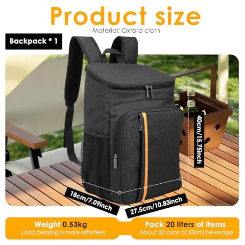 Insulated Cooler Backpack,32 Can/20L Large Capacity Lunch Bag,Thermal Picnic Backpack,Waterproof Oxford Cloth Cooler Bag Portable Insulated Rucksack for Outdoor Beach Picnic Camping Hiking(Black) — view 2