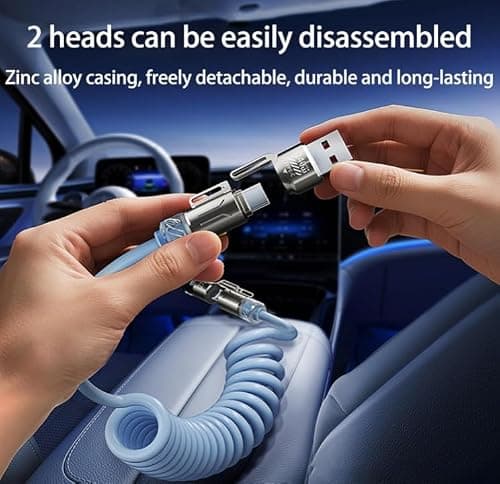 Mciluyaiio 240w 4-in-1 Retractable Coiled Charging Cable, Vehicle-Mounted Spring Data Cable, Universal 78in Multi-Port Charger Cord, Multi-Port Charger Cord for All USB-Compatible Devices (Gold) — view 6
