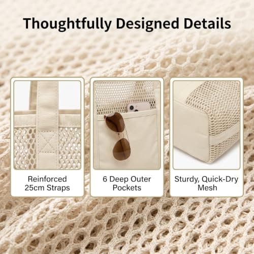 MIGIFTDY Beige Mesh Beach Bag Storage Tote,Stylish Beach Tote for Swimming, Multi Compartment Mesh Organizer with Extra Side Pockets, Quick Dry Breathable Foldable Shower Pool Gym Storage Handbag — view 6