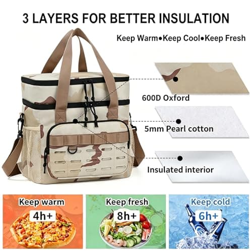 Portable Large Insulated Lunch Box, Heavy Duty Lunch Cooler Bag Double Durable Leakproof lunch Pail for Men Women Adults Work Shift Outdoor Picnic Beach Camping Road Trip(Jungle Camouflage) — view 6