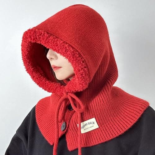 2in1 Winter Warm Hat for Women Knit Hooded Hat Outdoor Activity Scarf Cap Windproof Casual Shawl Fashionable Winter Travel Accessory Red — view 4