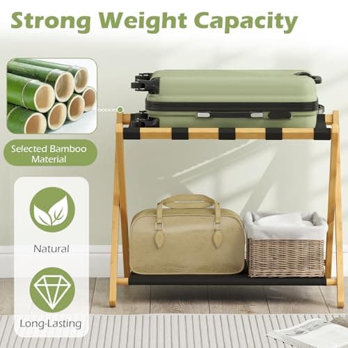 COSTWAY Bamboo Luggage Racks Set of 2, Folding Suitcase Stand with Straps and Oxford Cloth Storage Shelves, Portable Backpack Luggage Holder for Guest Room, Bedroom, Hotel, 68x46x53cm (Natural+Black) — view 2
