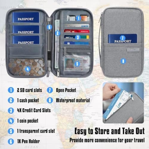 Mnixy Grey RFID Passport Holder Travel Wallet with Zipper, 4 Passport Slots — view 5