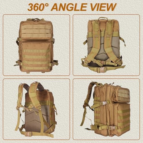 HEMSO Military Tactical Backpack, 45L Outdoor Assault Survival Travel Backpack, Waterproof Backpack, Suitable for Hunting, Hiking & Camping and Other Outdoor Activities (Khaki) — view 4