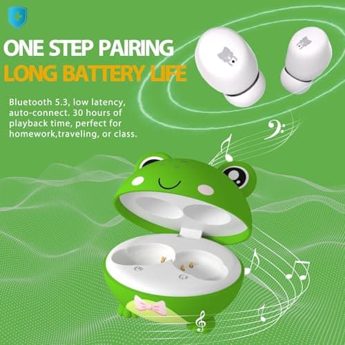 Kids Bluetooth Earbuds, Safe Volume Limmited, Wireless Earbuds for School with Mic, 30H Play Time, Waterproof, In Ear Headphones for Girls Boys, Kids Ear Buds as Gifts for Tablet Travel, Frog — view 5