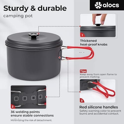 Alocs Camping Cookware, Aluminum Camping Cooking Set, Portable Pots and Pans Set, Camp Kitchen, Mess Kit for Backpacking, Outdoor Cooking and Picnic, Grey, 2.2L x 1.2L x 1L x 7.5" — view 6