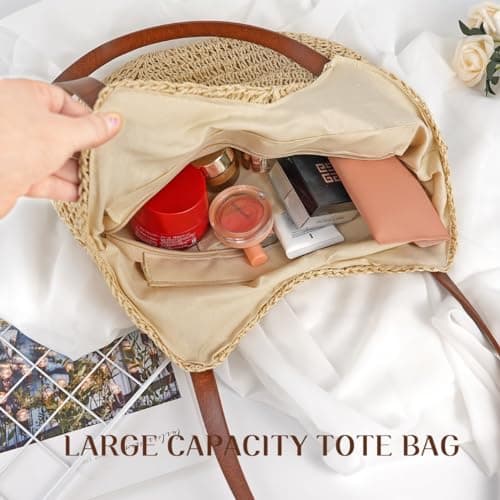 Straw Beach Bag for Women, Summer Straw Tote Bag Handbag with Zip Leather Handles, Retro Handmade Boho Casual Woven Travel Holiday Shoulder Bags for Beach Vacation Outdoor Shopping Daily Use (Beige) — view 3
