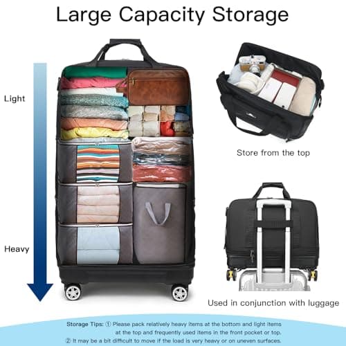 Laripwit Expandable Large Holdall Suitcase with Wheels, 55-115L Foldable Soft Suitcases & Travel Duffle Hand Luggage, Collapsible Rolling Duffel for Men Women and Not Fall Over, Black — view 3