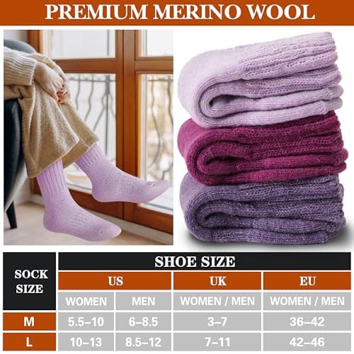 Sandsuced Merino Wool Thermal Boot Socks for Men Women Winter Warm Thick Cosy Walking Hiking Work Stocking Fillers Socks 3 Pairs(Rose Red/Light Purple/Dark Purple,M) — view 5