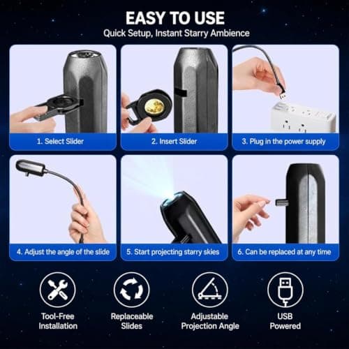 Plug and Play Star Projector Night Light – HD Glass Lens, 360° Flexible Neck, USB Powered, Interchangeable Theme Discs, Portable Galaxy Lamp for Bedroom, Home Theater, Car, or Travel (12 Slides) — view 6