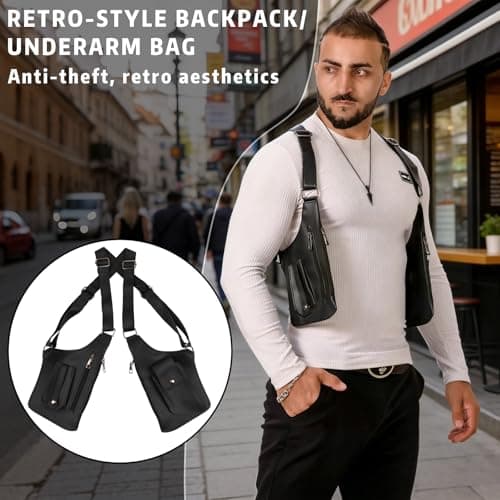 HONMINHUA Underarm Shoulder Bag for Men, Double Shoulder Bag with Adjustable Strap Anti-Theft Backpack Underarm Case, Sentinel Bags, Multi-Pocket Men's Leather Bags for Wallet Pocket Phone(Black) — view 6