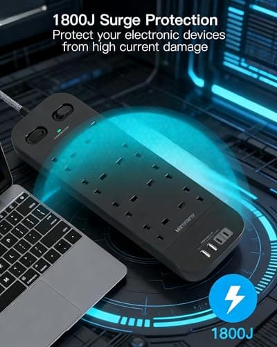 Black Extension Lead, 8 Way Outlets Power Strip with 4 USB Slots (2 USBC) — view 3
