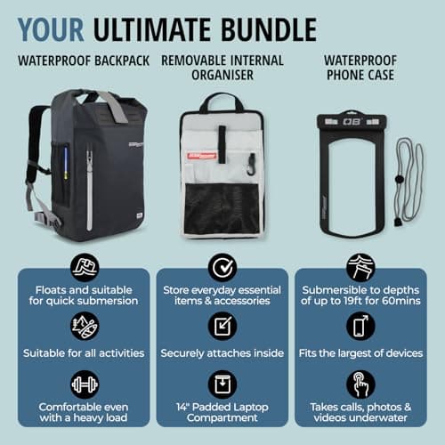 OverBoard Black Explorer Waterproof Backpack 30L Bundle| Roll Top Floating Dry Bag for Kayaking, Beach, Boating, Hiking, Rafting| Includes Waterproof Phone Case and Backpack Organiser (Black,30 Litre) — view 2