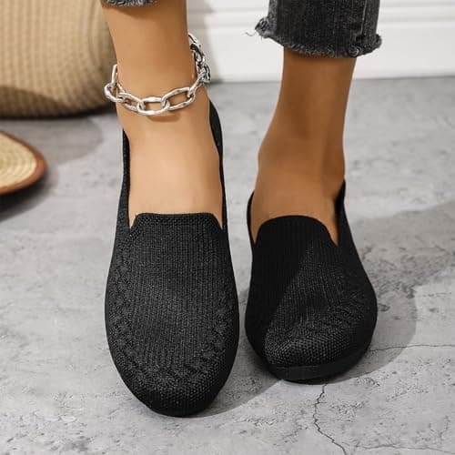 Women's Lightweight Knitted Loafers Casual Flat Shoes Orthopedic Comfortable Boat Shoes Flat Bottomed Breathable Shoes Retro Walking Flats Black — view 2
