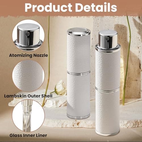 VOYANTE Perfume Atomiser Refillable, 8ml Leather Refillable Perfume Bottle in Pocket & Handbag, Rotary Press Portable Dispenser Bottle, Mini Fragrance Atomiser for Travel, Vacation, White — view 2
