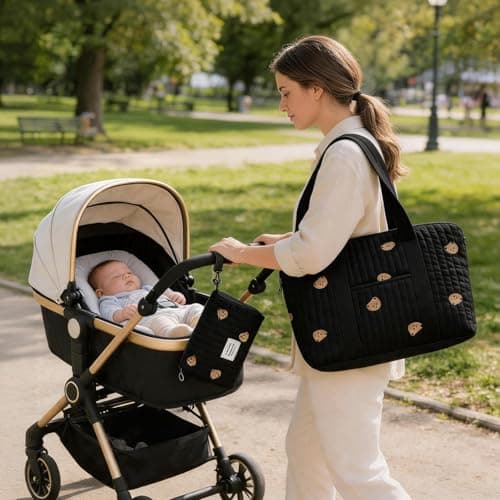 Gonggi Large Baby Changing & Hospital Maternity Bag, Cotton Mommy Diaper Tote Bags with Embroidery Large Capacity Multiple Soft Nappy Bag Lightweight Travel Duffel Bags with Shoulder Strap (Black-B) — view 4
