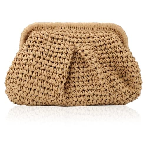 Kighdel Women's Cloud Dumpling Khaki Straw Clutch Purse, 26cm (L) x 20cm (W) x 4cm (H), Hand-Woven Raffia Beach Bag, Unique Design, Breathable Material