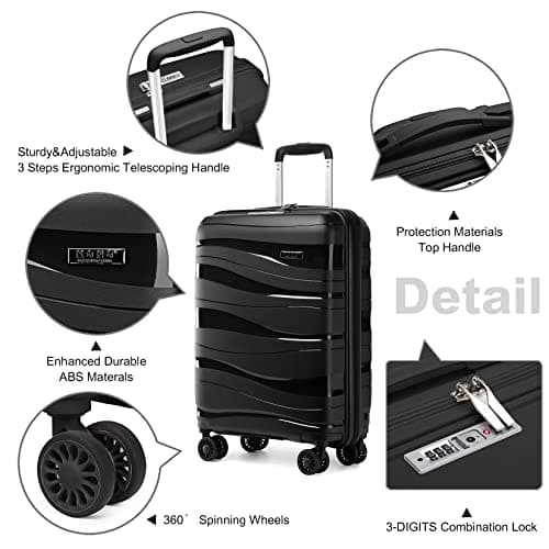 Kono Suitcase Sets of 2 Piece Lightweight Carry On Hand Cabin Luggage Polypropylene Hard Shell Suitcase with TSA Lock Spinner Wheels Travel with Beauty Case (Set of 2, Black) — view 2