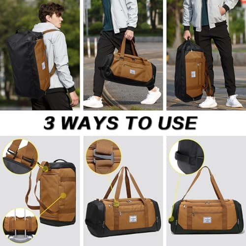 Laripwit Travel Duffle Bag for Men 40L Medium Gym Duffel Backpack with Shoe Compartment & Wet Pocket Sports Holdalls Women Weekend Overnight Bag for Traveling Camping, Brown — view 3