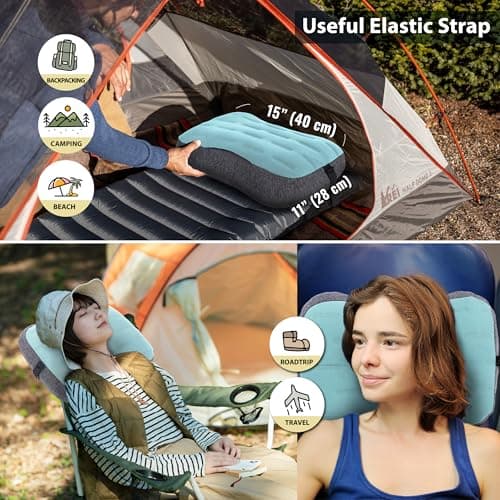 TREKOLOGY Inflatable Camping Pillow - Travel Pillows for Backpacking, Beach & Airplane - Blow Up Head & Neck Support Camp Cushion with Removable Cover, Adjustable Attachment Strap & Storage Bag (Blue) — view 5