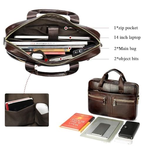 VINBAGGE Genuine Leather Briefcase for Men 14 Inch, Men's Business Laptop Work Bag, Messenger Bag with Adjustable Shoulder Strap, Professional Work Bag for Office Travel Commute — view 3