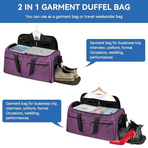 Bukere Carry on Garment Bag for Travel, Convertible Travel Duffel Suit Bag with Shoe Compartment, Detachable Shoulder Strap, 2 in 1 Weekender Suit Bag for Men Women, Purple, Garment Bag for Travel — view 6