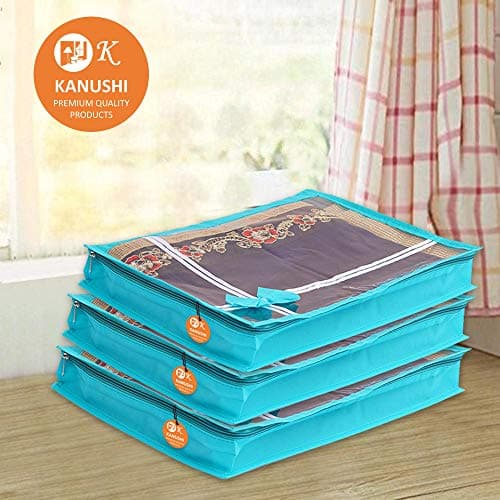 KANUSHI® Set Of 6 Pc Flower Design Transparent Saree Cover/Bag with Stainless Steel Zip Lock Combo(Large) (Light Green) — view 2