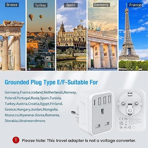 UK to European Travel Adaptor with 4 USB Ports(1 USB C), Grounded EU Euro Europe to UK Power Plug Adapter for Germany Spain France Iceland Greece Poland Netherlands Austria Turkey etc (Type E/F) — view 5