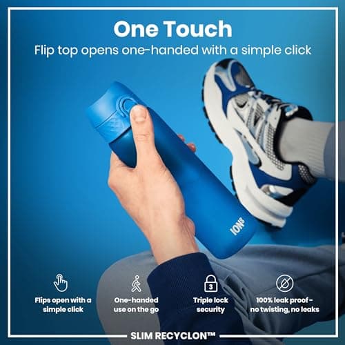 Ion8 Water Bottle, 500 ml/18 oz, Leak Proof, Easy to Open, Secure Lock, Dishwasher Safe, BPA Free, Hygienic Flip Cover, Carry Handle, Fits Cup Holders, Easy Clean, Carbon Neutral, Blue — view 3
