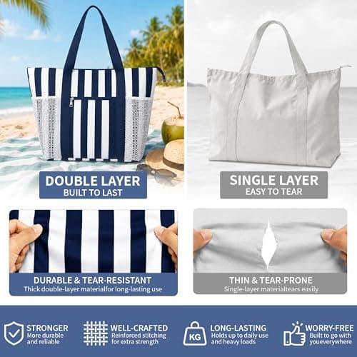TAHAVICE Large Beach Bags for Women, Waterproof Summer Beach Tote Bag with Zip and Wet Compartment, Holiday Lightweight Bags for Travel, Pool (Navy Strip) — view 6