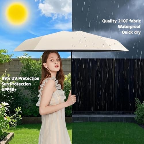 Detontek 6 Ribs Mini Travel Umbrella, Mini Folding Umbrella, Small Umbrella, Pocket Umbrella, Umbrella With Buckle Handle, Dual Purpose, With Storage Box (Beige) — view 4