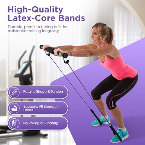 Gym Magic Pilates Reformer Bar Yoga Stick with Resistance Bands & Online Videos - Full Body Workout Fitness Kit with Padded Neck Support, Comfort Grip Handles & Latex Bands — view 5