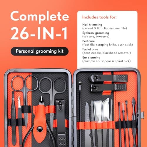 Nail Clippers Gifts for Men, Women & Travel Essentials. Manicure Set with Nail Files, Nail Scissors, Cuticle Remover, Nail Kit. Nail Clippers for Tick Nails & Pedicure Sets for Feet. 18pc Nail Set. — view 2