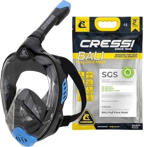 Cressi Bali Full Face Snorkel Mask - Panoramic Diving Mask - Dry-Top Snorkel Set for Adults - Leak-Free Scuba Equipment - Black / Blue - L-XL