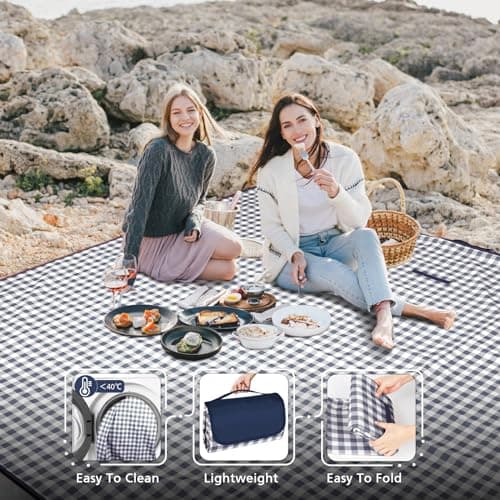 Anyiner Picnic Blanket Waterproof 300x200cm Large Travel Blanket Beach Blanket, Slip Resistant With Carrying Handle for Family Picnic Beach Camping, Blue Plaid (Blue, 300 x 200 cm) — view 5