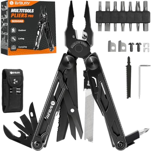 BIBURY Multitools, Multi Tool Foldable Pliers with Upgraded Scissors and Screwdriver Set, Stainless Steel Pocket Tool- Pro, Ideal for Camping, Outdoor, Repairing - Gift for Dad Men - All Black