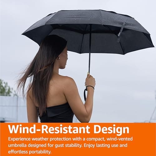 Amazon Basics Round Automatic Travel Compact Umbrella Windproof Strong, with Wind Vent, Black, One Size — view 6