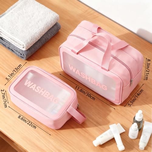2 PCS Clear Toiletry Bag, Wet Dry Separation Wash Bag, Clear Ttravel Toiletries Bag, Waterproof Large Capacity Shower Bag, PU Makeup Bag with Handles for Women Girls — view 3