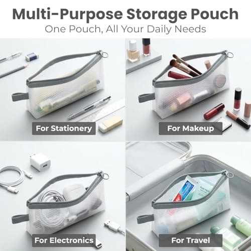 muuee EVA Mesh Pencil Case, Portable Waterproof Pencil Pouch, Eco-Friendly Clear Zipper Pen Bag for Adults & Students, Large Capacity Storage for Stationery, Toiletries, Makeup, Travel (White-Grey) — view 6