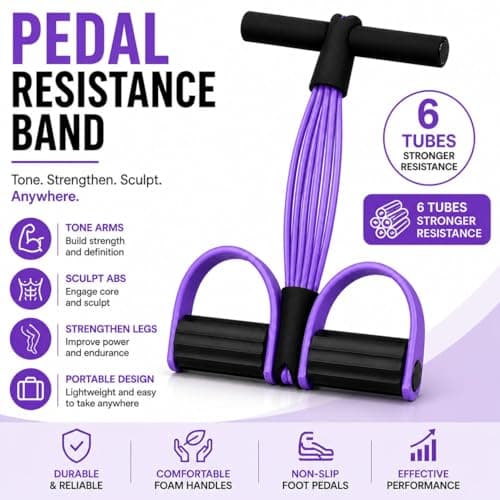 Pedal Resistance Bands with Handle, 6 Tube Sit Up Pull Rope Exercise Bands for Home Workout, Fitness Resistance Band with Foot Pedals for Abs, Legs, Pilates, Yoga & Full Body Training (Purple-Black) — view 2