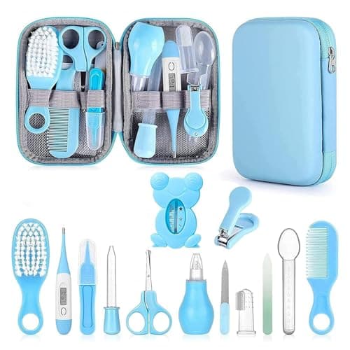 Liemuao Baby Toiletry Bag Kit, 13 Essential Baby Care Accessories - Hair Brush, Digital Thermometer and Bath, Nail Clippers, File, for Newborn Baby Girls and Boys (Blue)