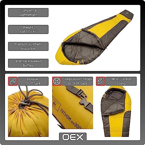 OEX Fathom EV 300 Sleeping Bag for Adults, Teens, Kids, 1 Person, 3 Season, Lightweight, Mummy, Warm, Indoor & Outdoor Use, Camping, Hiking, Backpacking, Travelling, Compression Bag, Yellow — view 3