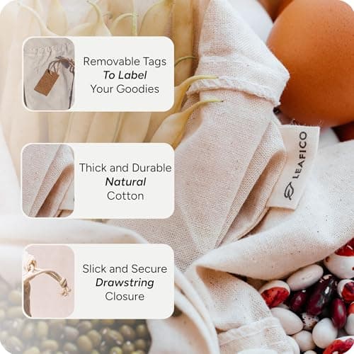 Leafico Organic Cotton Produce Bags - Medium 20x25 cm (12 Pack) - Reusable Muslin Storage Bags with Drawstrings – Biodegradable Canvas Fabric - Perfect for Snacks, Clothes — view 4