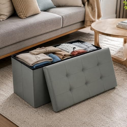 CROWNSHOP Ottoman Storage Bench Footrest Stool Seat Toy Chest Storage Box Folding with Lid Long Shoes Bench Footstool Suitable for Living Room (Dark Grey, Faux leather) — view 2