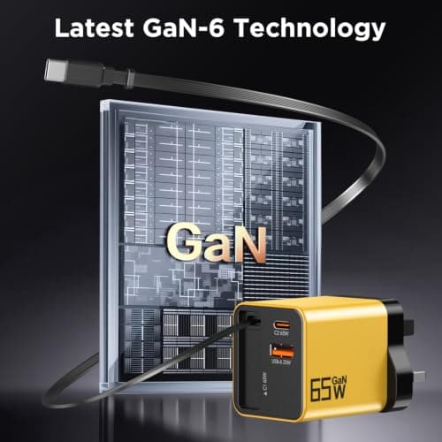 65W GaN USB C Charger 3-Port with Retractable 0.7m Cable(Yellow) — view 5