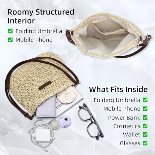 Bototack Straw Bag for Women, Small Summer Beach Crossbody Bag with Zipper and Adjustable Strap, Bohemian Weave Handmade Shoulder Handbags for Holiday Beach Travel (beige) — view 4