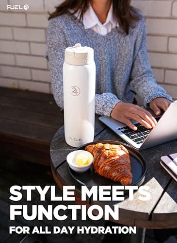 Fuel24 Duo - Stainless Steel Water Bottle 700ml or 1L - Vacuum Insulated Metal Flask with Straw (Dual use Lid) 1 Litre - for Sports, Gym, Work – Slim Design (Sand, 1000 ml) — view 5